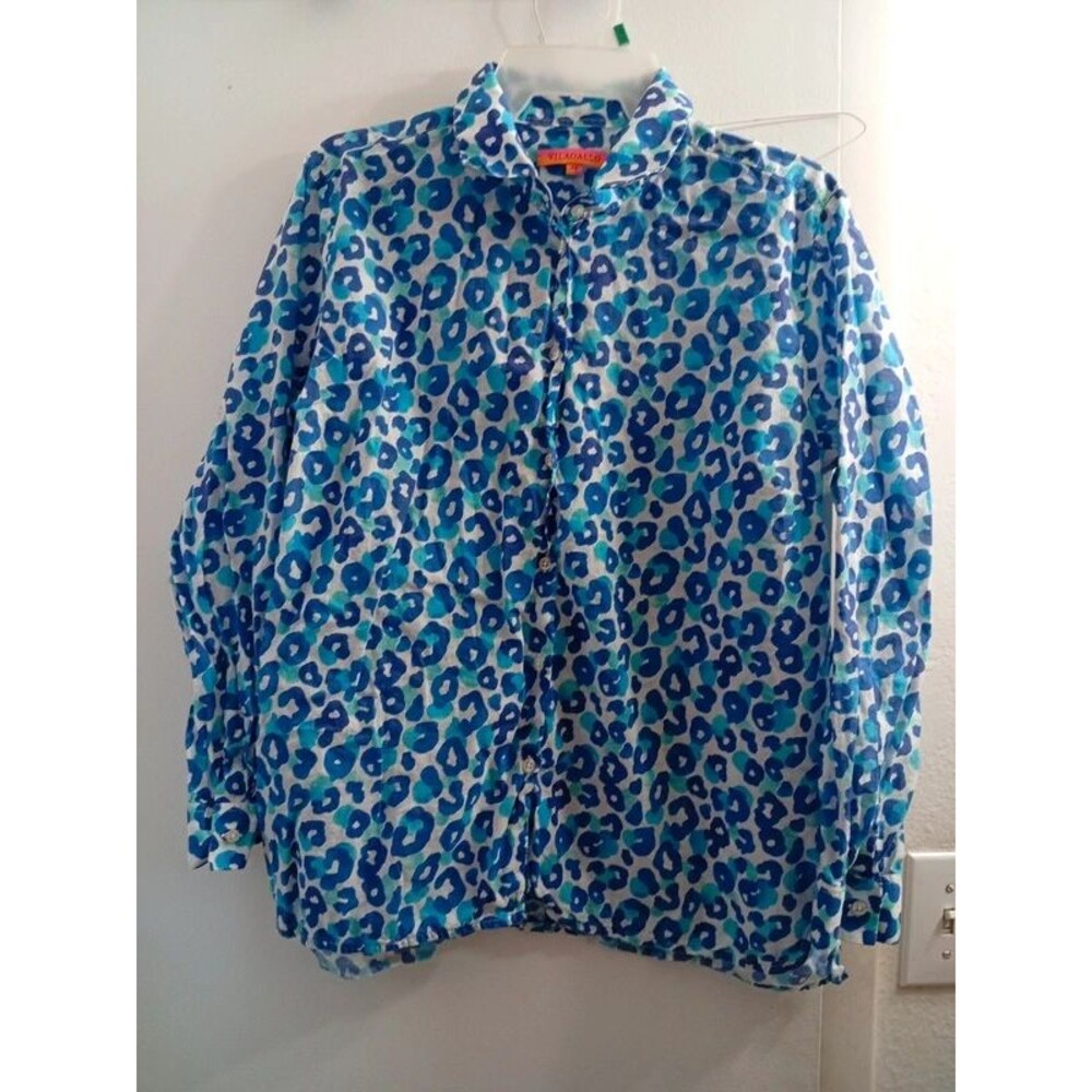 Vilagallo brand blue, teal & white leopard animal print shirt. Size 46 (US 12)